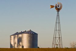 Grain bins and rusty windmill